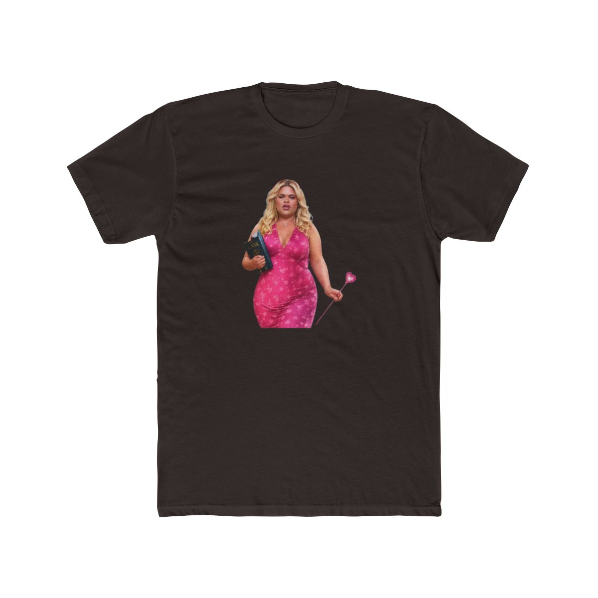 Black t-shirt with a graphic of a woman in a pink dress, holding a book and a heart-shaped object. The text "LEGALLY blonde" is above the image, with the name "DRUSKI KIRK" above the text.