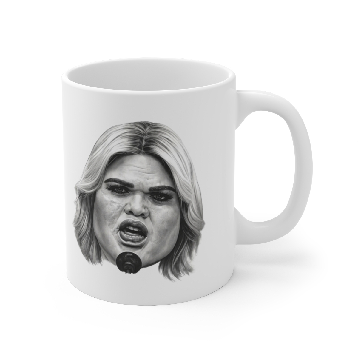 A white ceramic mug with a black handle and the text "But First, Coffee" in a handwritten style. The mug is on a white surface. The mug is 10 cm tall.